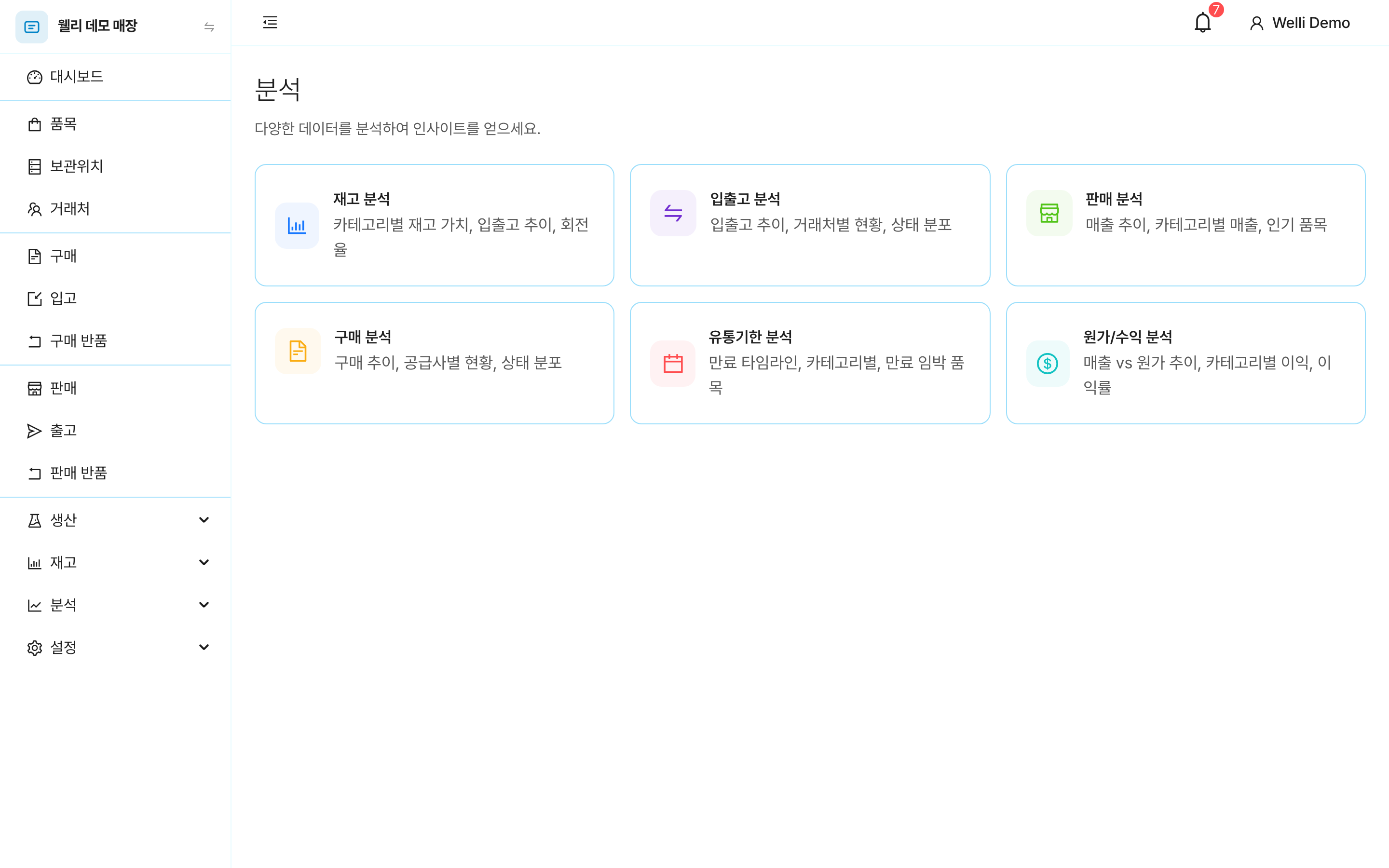 분석 홈. 재고·입출고·판매·구매·유통기한·원가/수익 6장의 카드