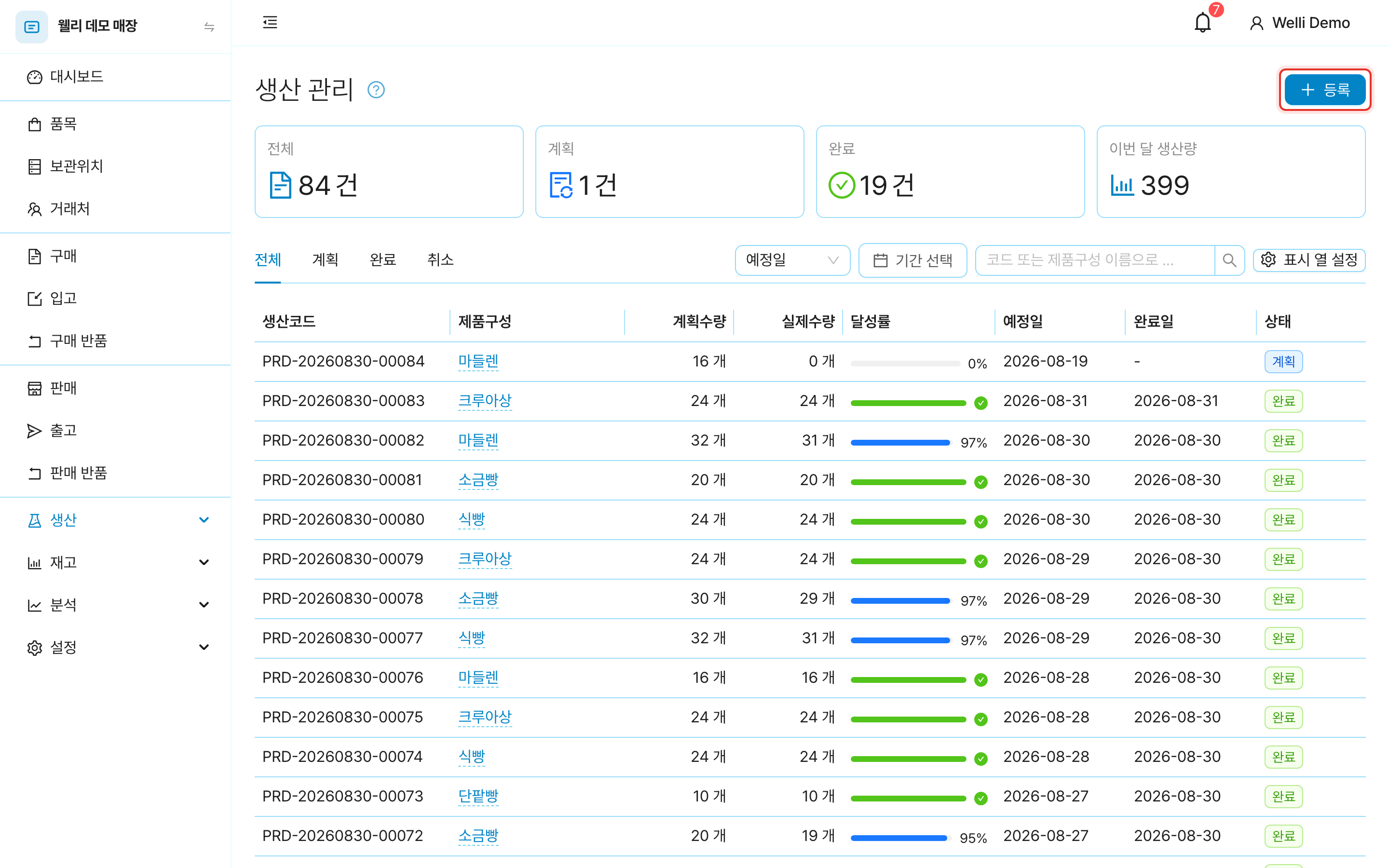 생산 목록 화면. 상태 탭과 계획·실제수량, 달성률 열