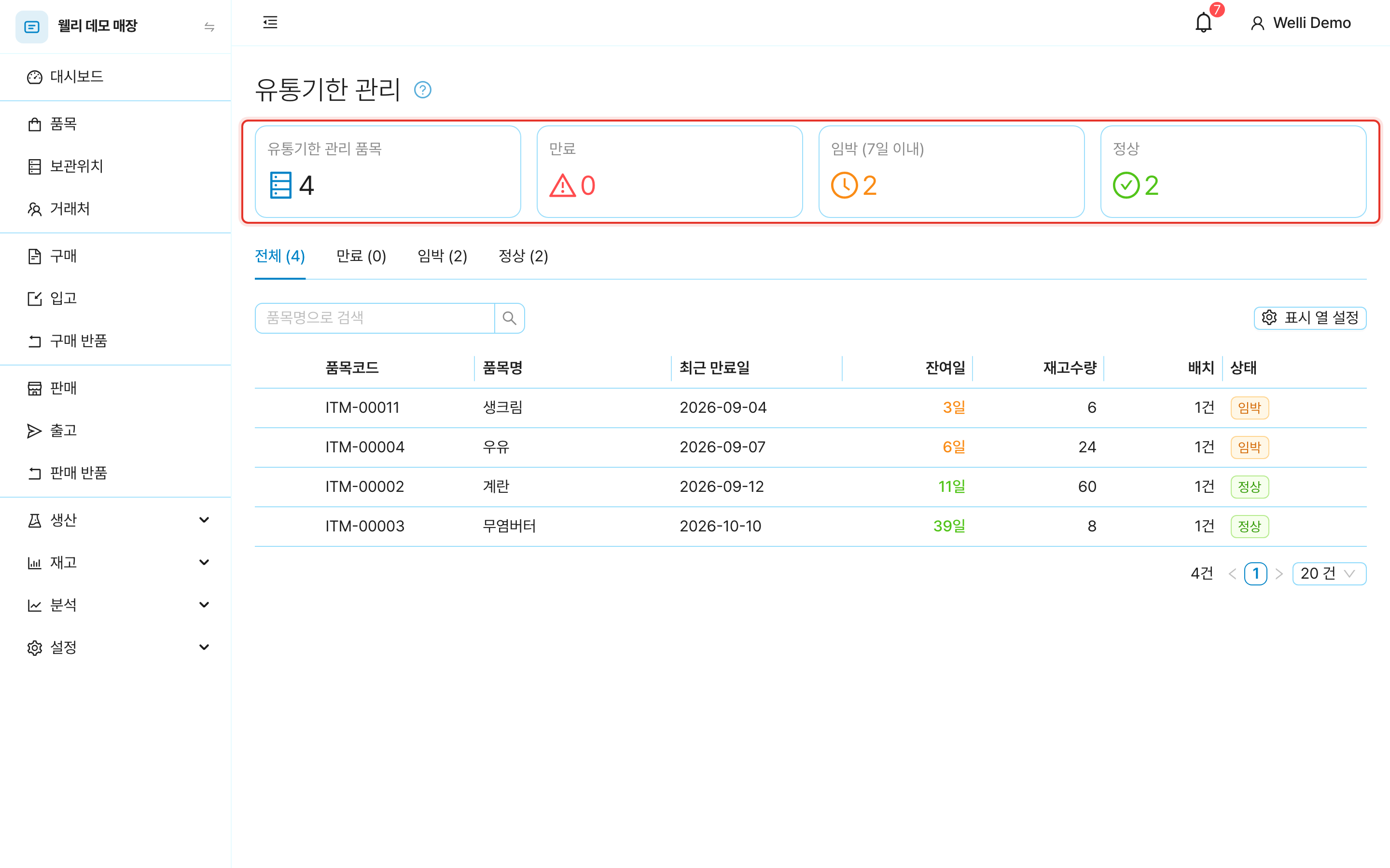 유통기한 관리. 만료·임박·정상 요약 카드와 품목별 목록